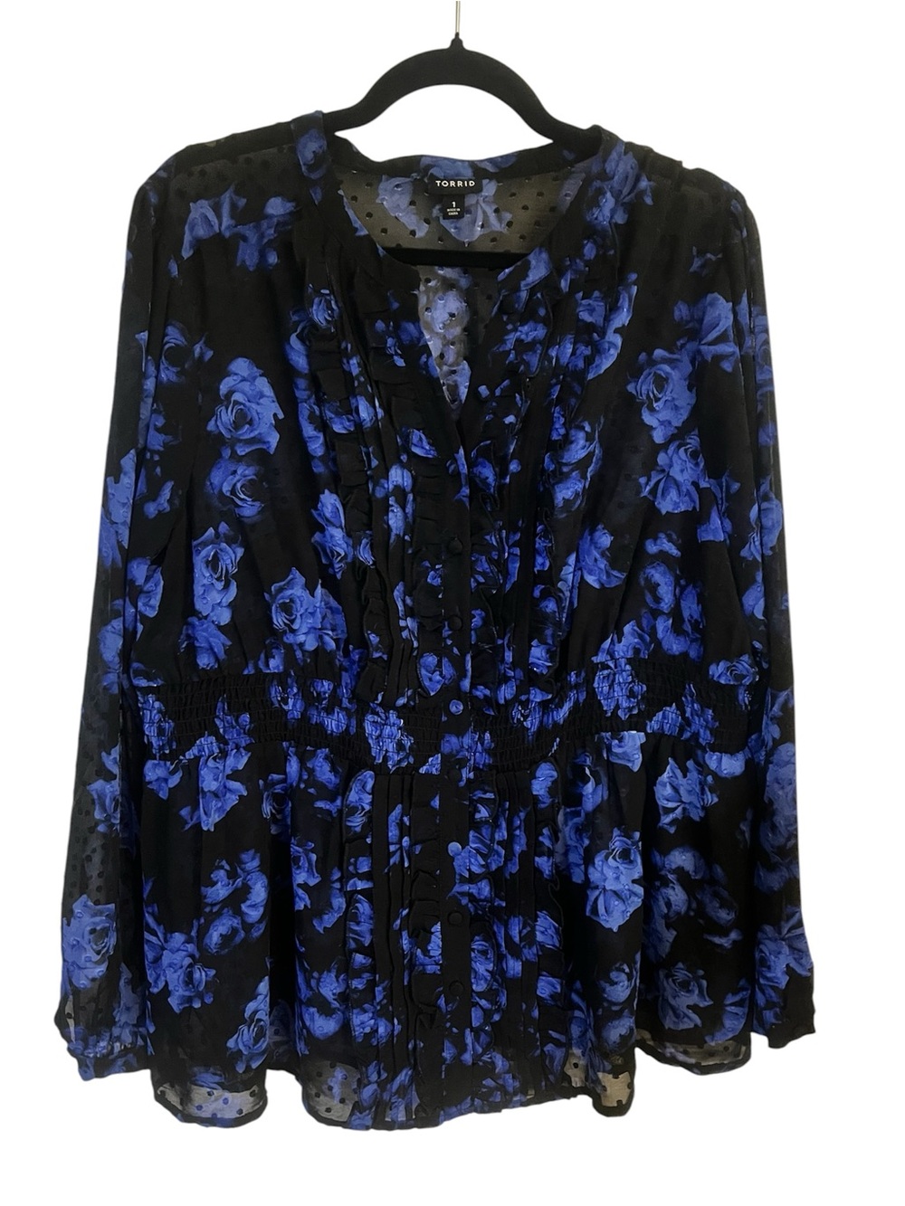 torrid Black Floral Smocked Peplum Blouse with Royal Blue Roses